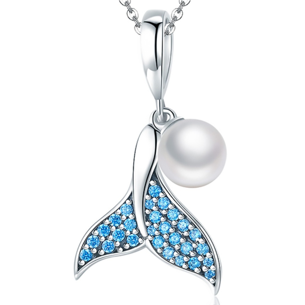 925 Silver Whale Mermaid Tail Pearl Dangle Charm Pendant